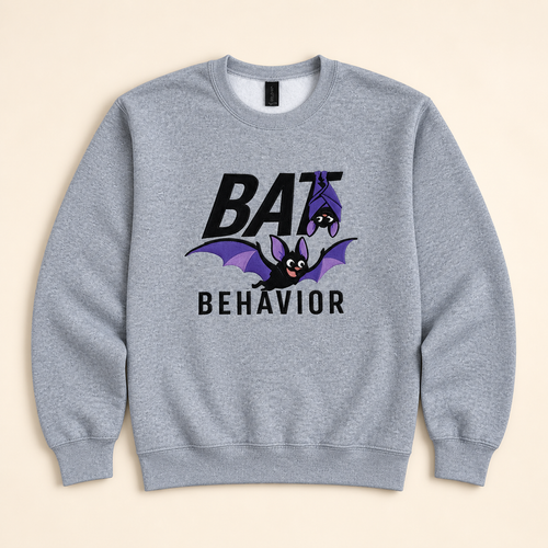 Heather gray Bat Behavior embroidered sweatshirt, neatly arranged on a warm ivory studio background