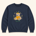 Dark navy Beary Scary embroidered sweatshirt with a teddy bear dressed as a pumpkin, candy corn, and purple stars on an ivory studio background