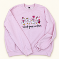 Pale pink Check Your Honkers embroidered crewneck sweatshirt with four geese and pink awareness ribbons on a warm ivory studio background