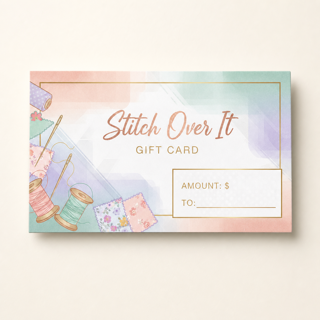 Stitch Over It digital gift card on a warm ivory studio background