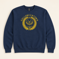 Navy Halloweentown embroidered sweatshirt, neatly arranged on a warm ivory studio background