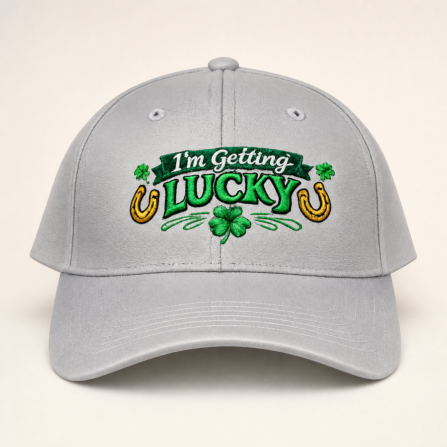 Gray I’m Getting Lucky embroidered hat on a warm ivory studio background