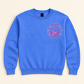 Blue In Dolly We Trust embroidered sweatshirt, neatly arranged on a warm ivory studio background