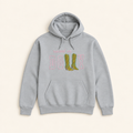 Light gray Raised on Dolly embroidered and glitter hoodie, neatly arranged on a warm ivory studio background