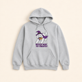 Light gray Witch Way to Treats embroidered hoodie, neatly arranged on a warm ivory studio background