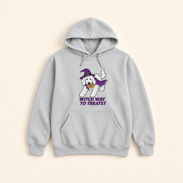 Light gray Witch Way to Treats embroidered hoodie, neatly arranged on a warm ivory studio background