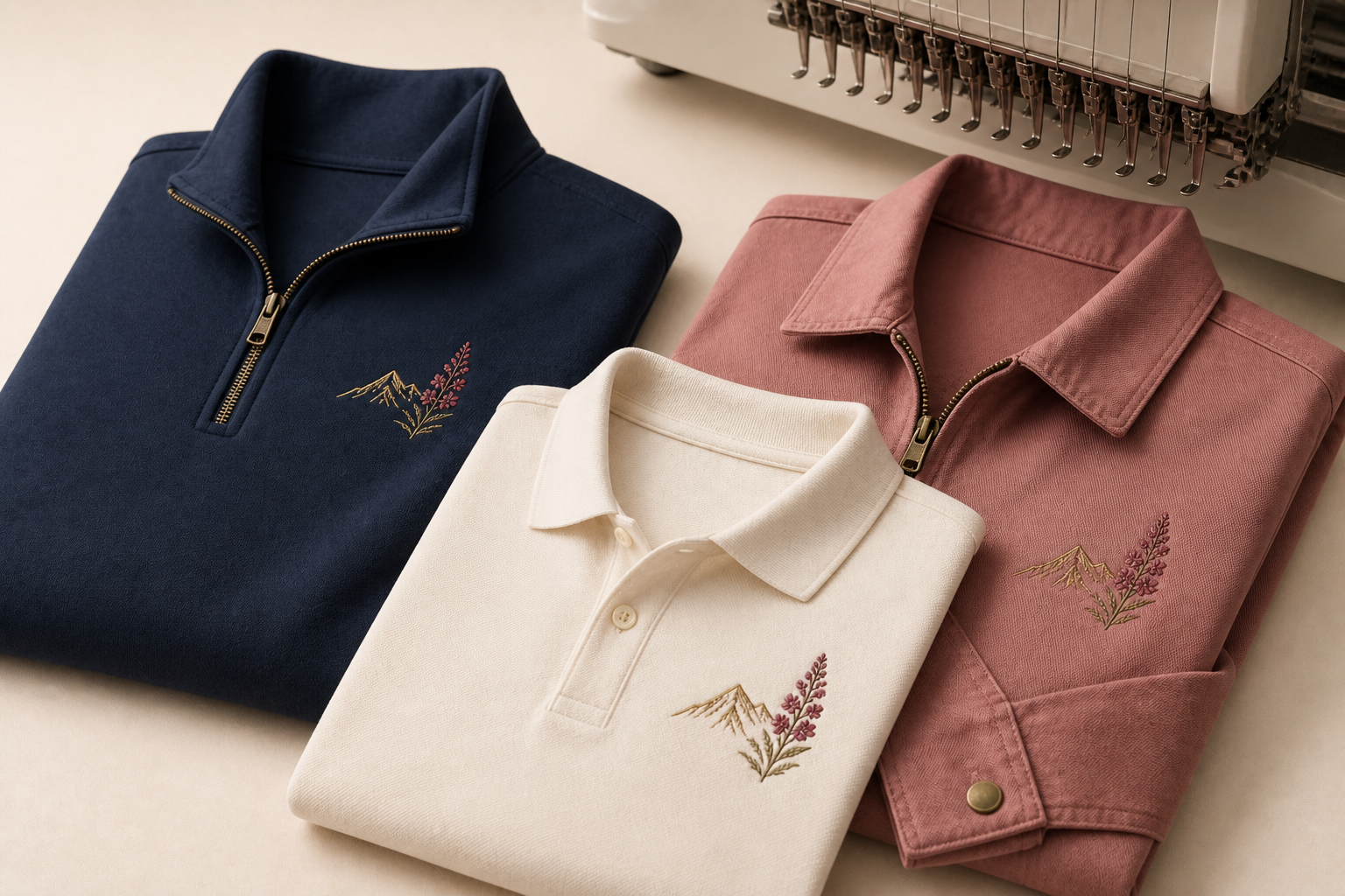 Coordinated navy, ivory, and rose business apparel with professionally matched embroidery