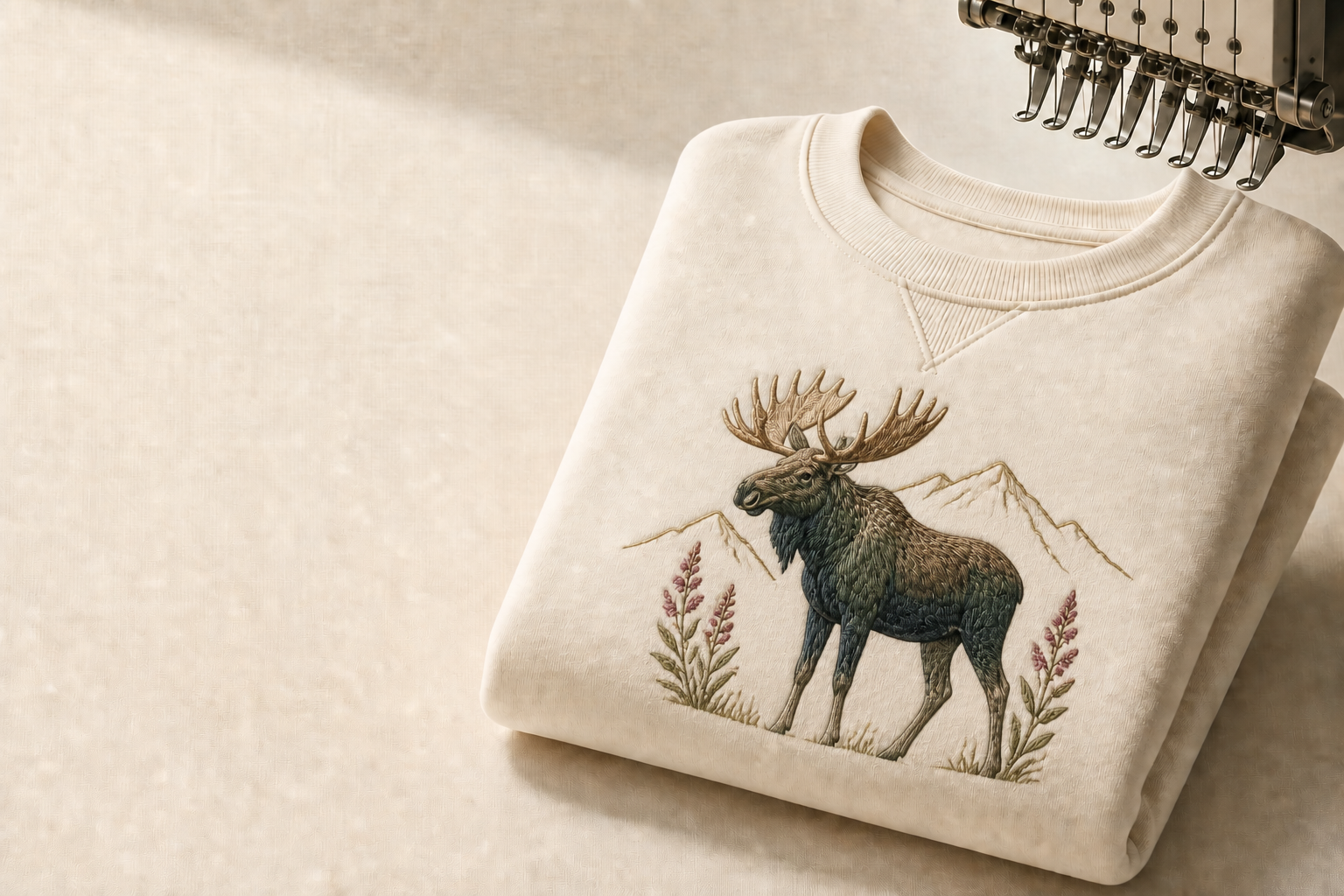 Commercial embroidery machine stitching an Alaska moose, mountain, and fireweed design on a cream sweatshirt