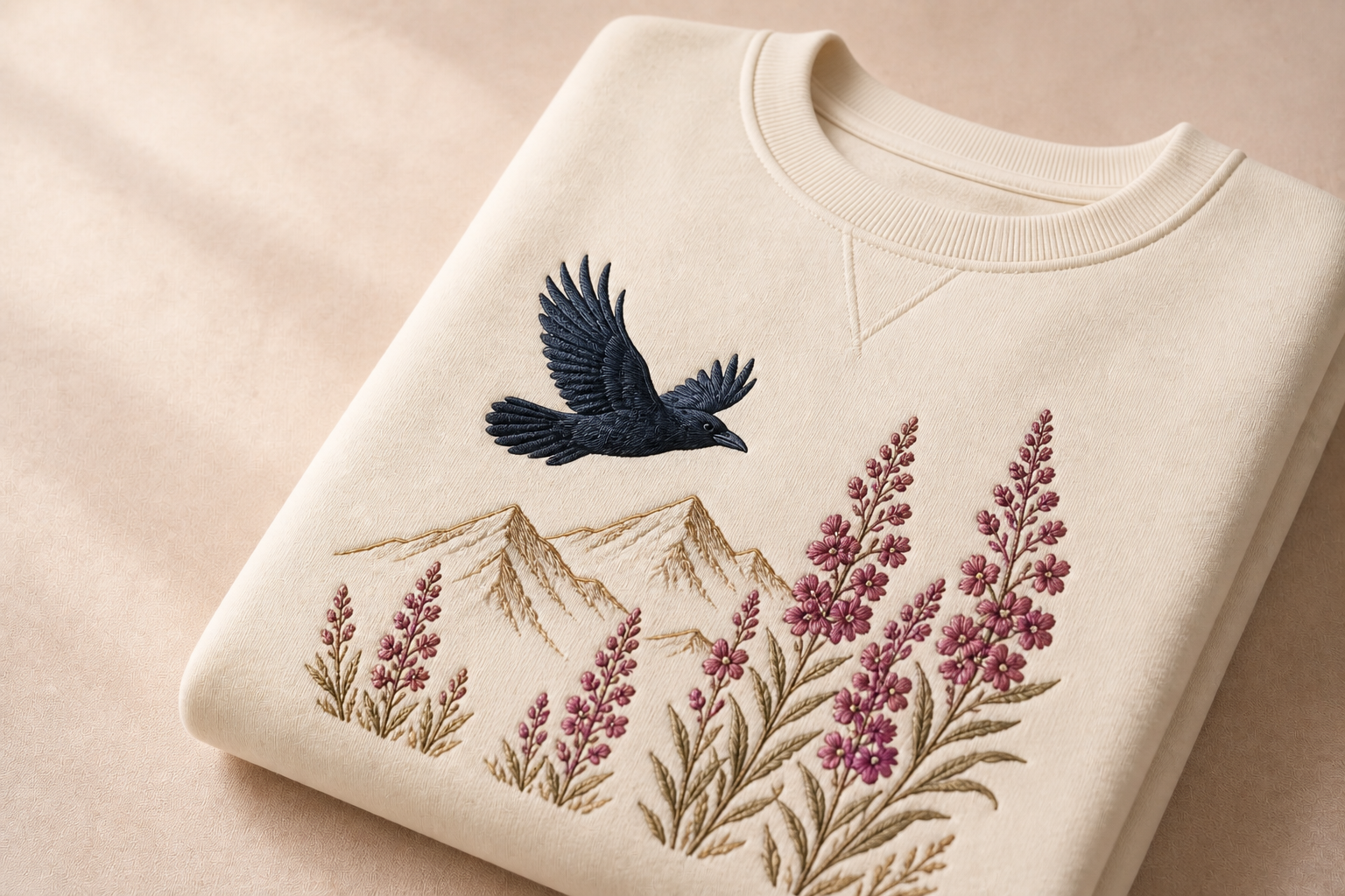 Original Alaska fireweed, mountain, and raven machine embroidery on an ivory sweatshirt