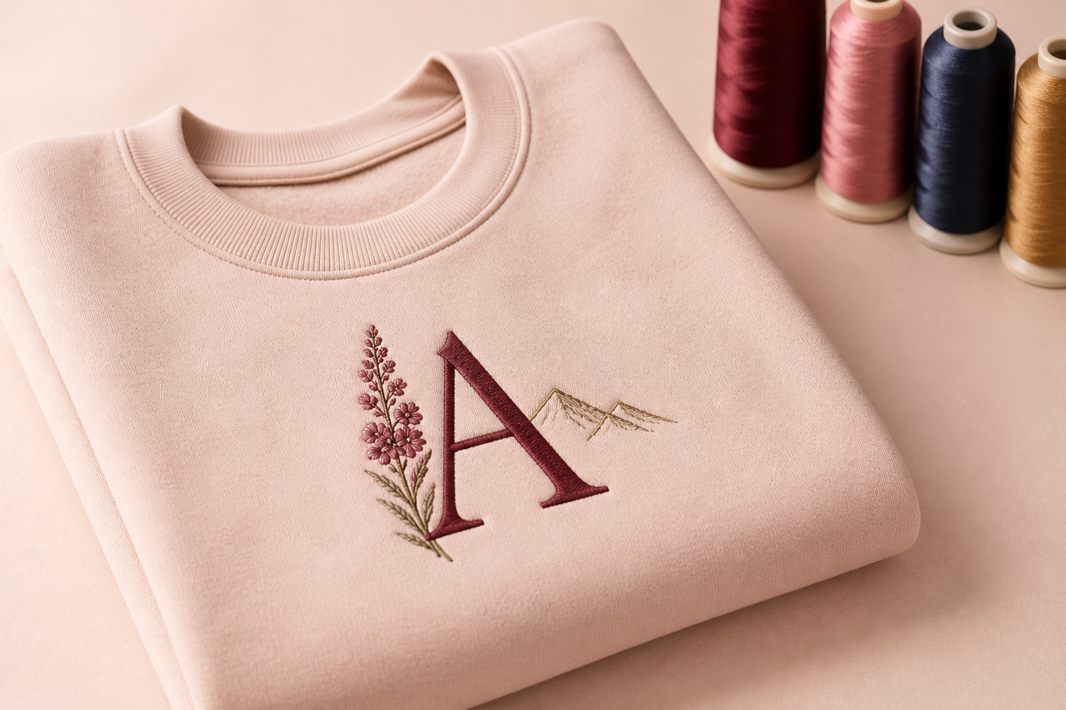 Personalized wine monogram with fireweed and mountain embroidery on a blush sweatshirt